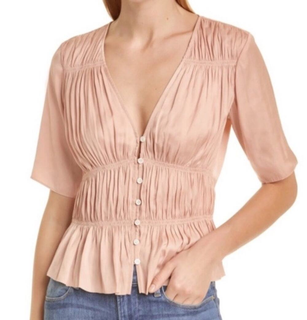 Frame Sz M Shirred Button Up Blouse Shirt Satin Peach Pink Coquette Romantic